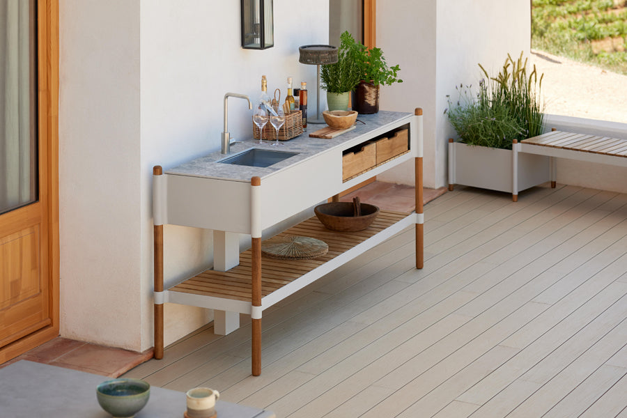 Sticks Kitchen Module with Teak Shelf by Cane-Line, showing sticks kitchen module with teak shelf in live shot.