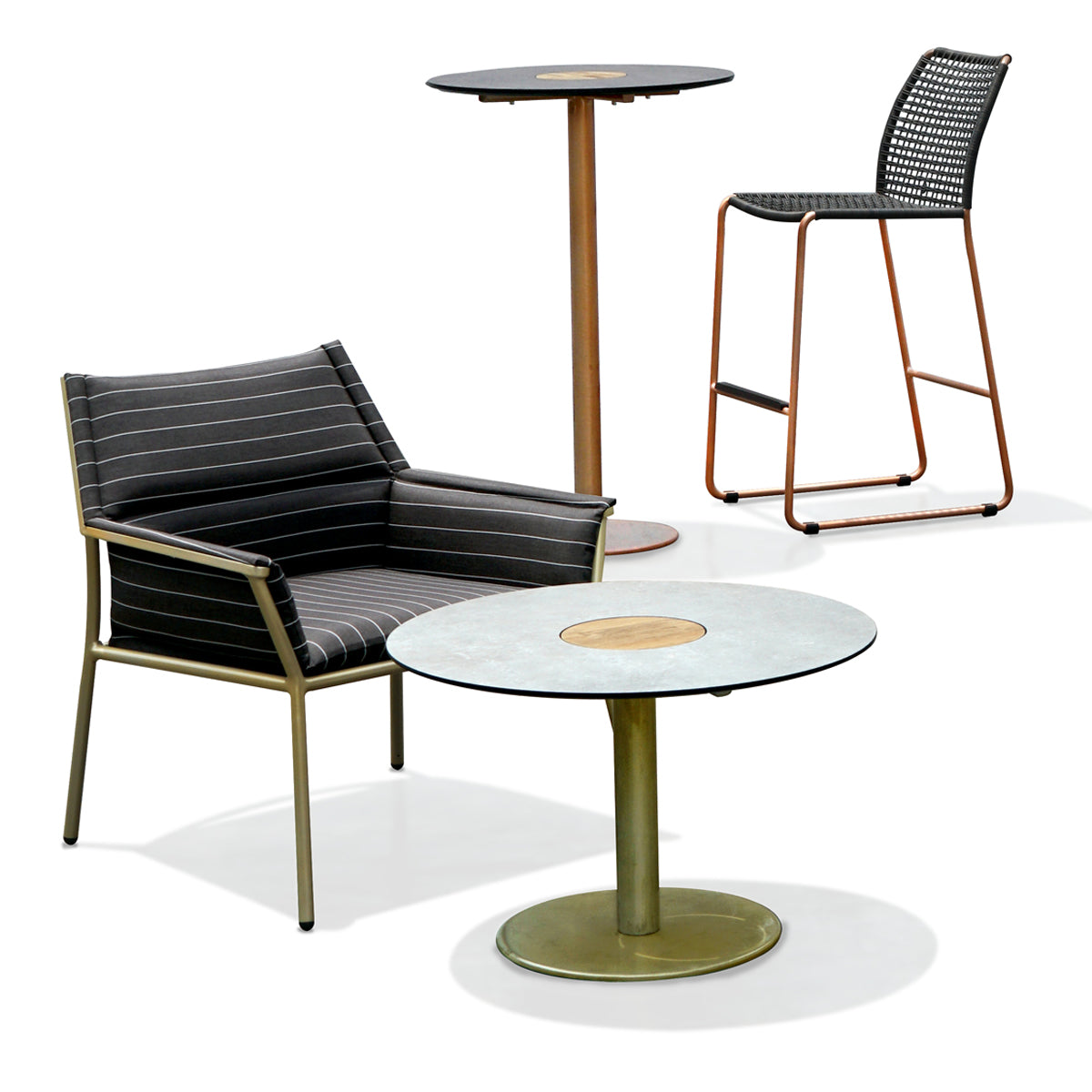 Stizzy Large Pedestal Casual Table by Mamagreen, showing stizzy large pedestal casual table with chair, stool & bar table.