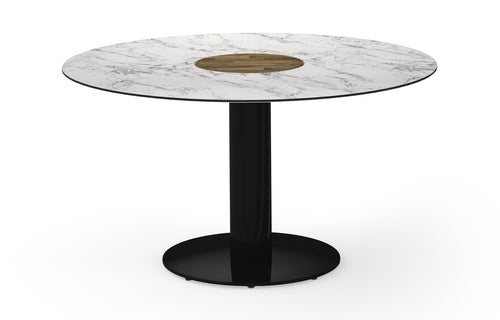 Stizzy Large Pedestal Casual Table by Mamagreen - Ink Black Gloss Galvanized Steel, Carrara White HPL.