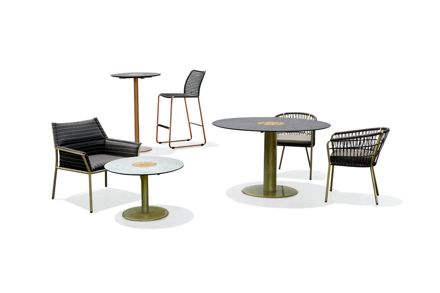 Stizzy Large Pedestal Dining Table by Mamagreen, showing stizzy large pedestal dining table in brass neo vintage galvanized steel/slate HPL.
