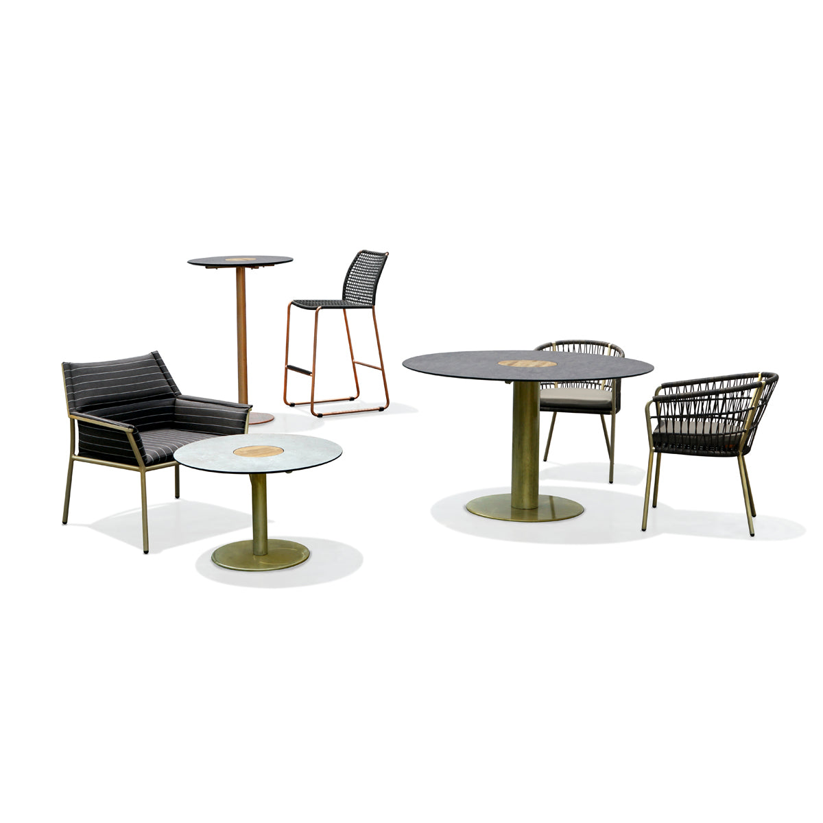 Stizzy Medium Pedestal Low Table by Mamagreen, showing stizzy medium pedestal low table in brass neo vintage galvanized steel/alpes white HPL.