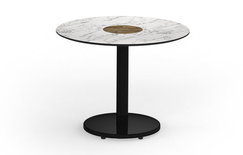 Stizzy Small Pedestal Low Table by Mamagreen - Ink Black Gloss Galvanized Steel, Carrara White HPL.