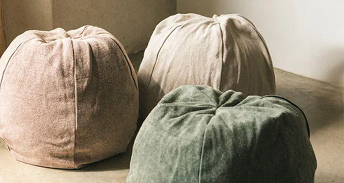Stonewashed Pouf by Lorena Canals, showing stonewashed pouf in live shot.