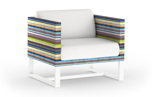 Stripe 1-Seater Sofa by Mamagreen - Sand Category A, Green Barcode Textilene Stripe, White Sunbrella Cushion.