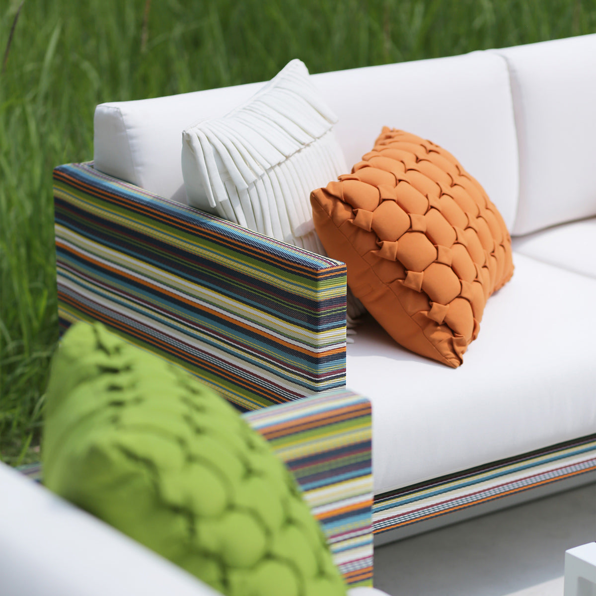 Stripe 2-Seater Sofa by Mamagreen, showing closeup view of stripe 2-seater sofa in live shot.