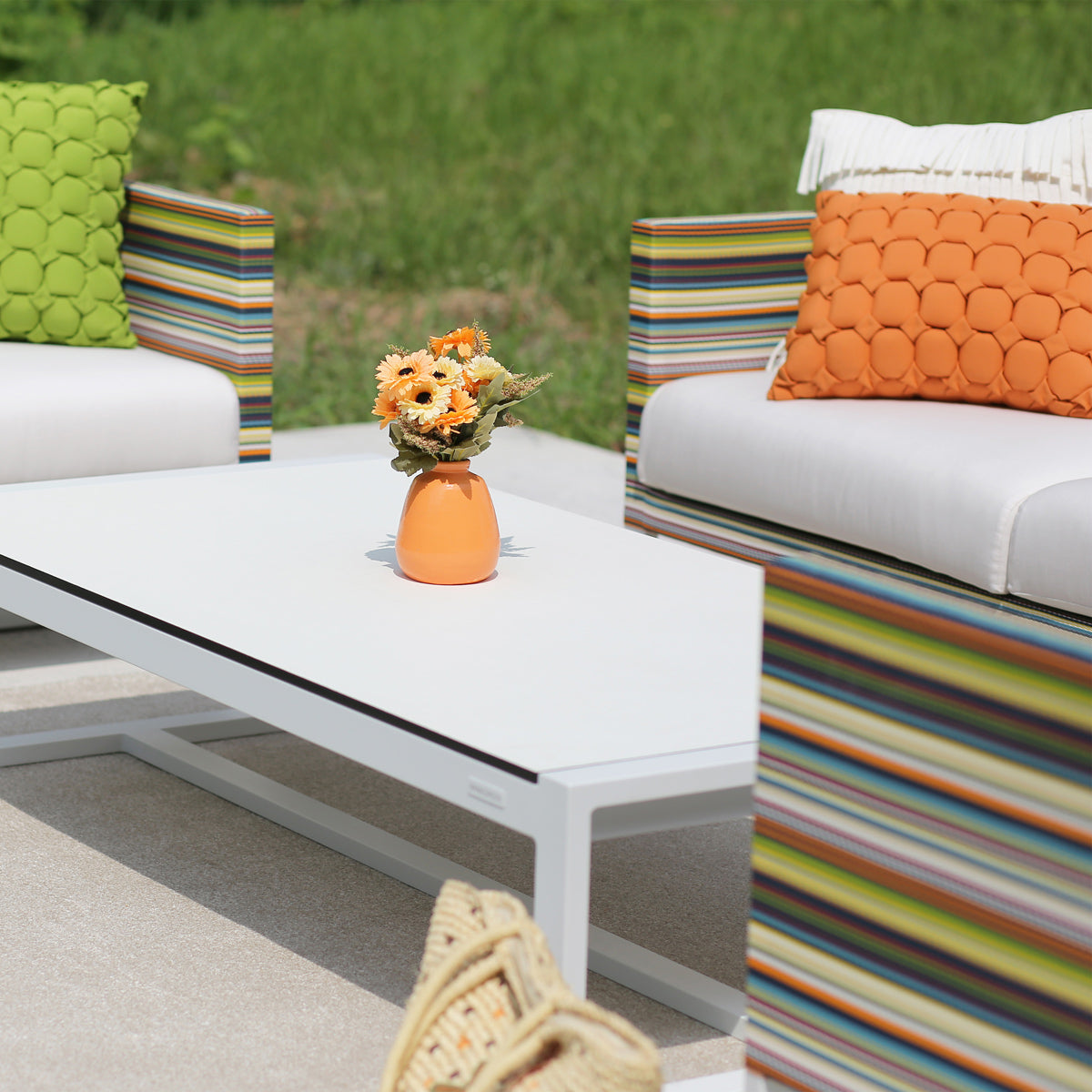 Stripe 2-Seater Sofa by Mamagreen, showing closeup view of stripe 2-seater sofa in live shot.
