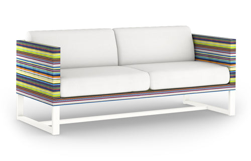 Stripe 2-Seater Sofa by Mamagreen - Sand Category A, Green Barcode Textilene Stripe, White Sunbrella Cushion.