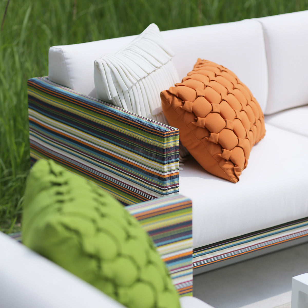 Stripe 3-Seater Sofa by Mamagreen, showing closeup view of stripe 3-seater sofa in live shot.