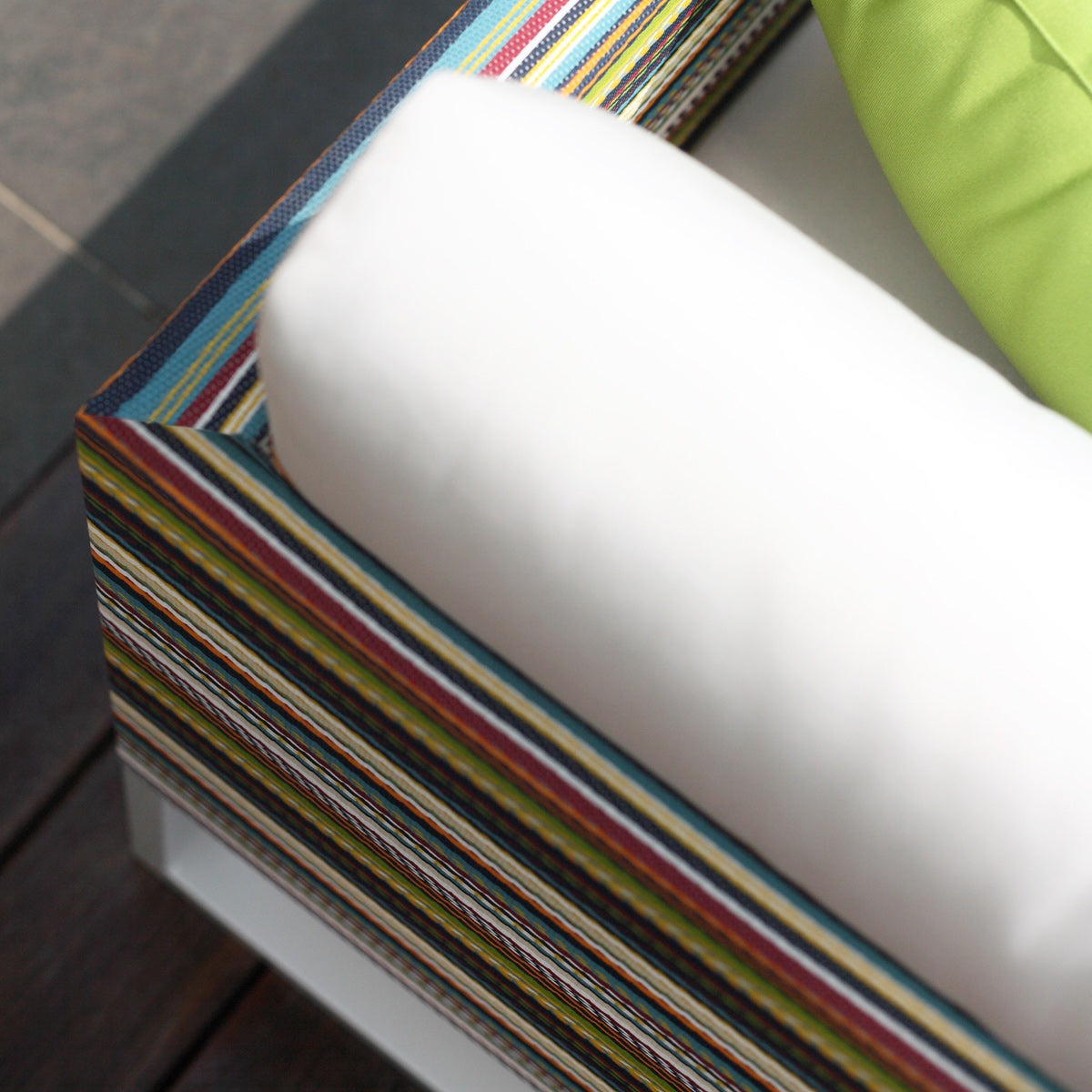 Stripe 3-Seater Sofa by Mamagreen, showing closeup view of stripe 3-seater sofa in live shot.