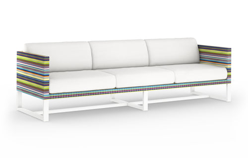 Stripe 3-Seater Sofa by Mamagreen - Sand Category A, Green Barcode Textilene Stripe, White Sunbrella Cushion.