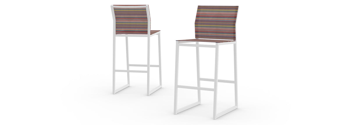 Stripe Bar Chair by Mamagreen, showing different angle view of stripe bar chairs in white sand aluminum/red barcode textilene stripe.
