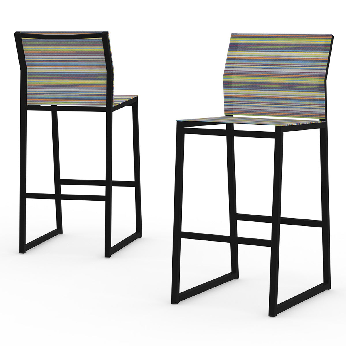 Stripe Bar Chair by Mamagreen, showing different angle view of stripe bar chairs in black sand aluminum/green barcode textilene stripe.