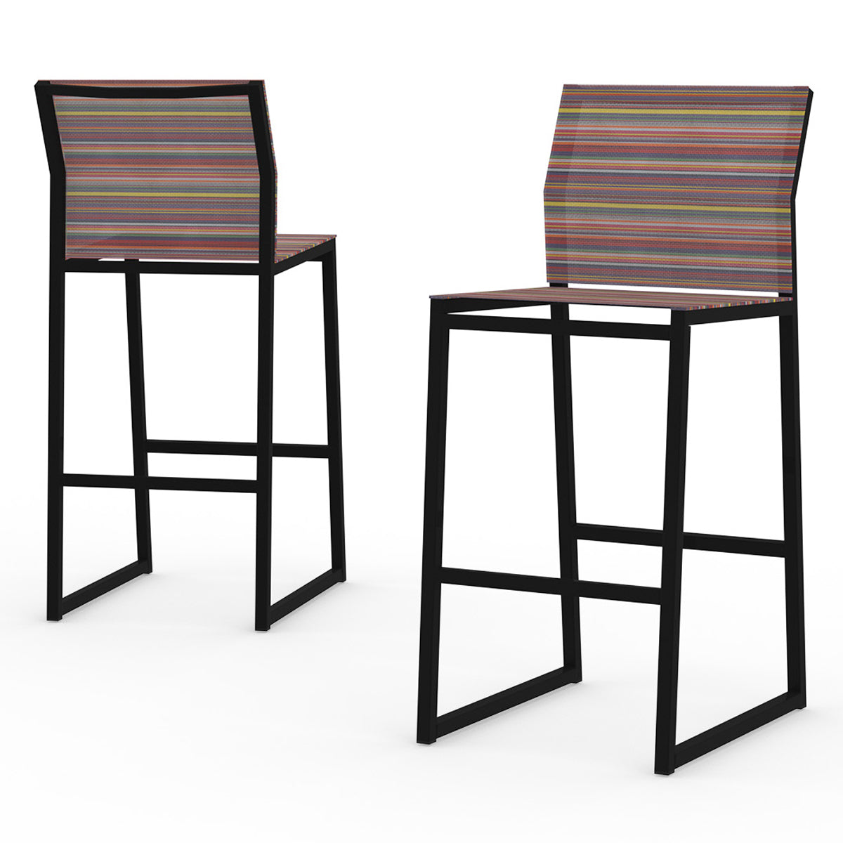 Stripe Bar Chair by Mamagreen, showing different angle view of stripe bar chairs in black sand aluminum/red barcode textilene stripe.