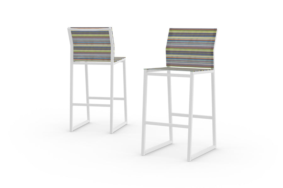 Stripe Bar Chair by Mamagreen, showing different angle view of stripe bar chairs in white sand aluminum/green barcode textilene stripe.