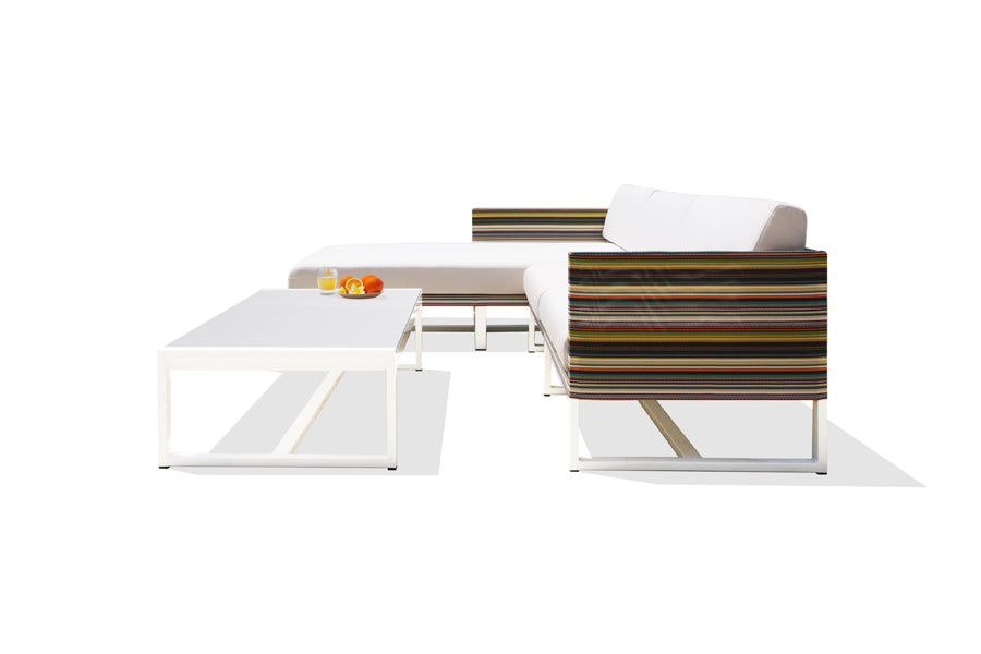 Stripe Configuration 3 by Mamagreen, showing side view of stripe configuration 3 in sand category a/green barcode textilene stripe/white sunbrella cushion.