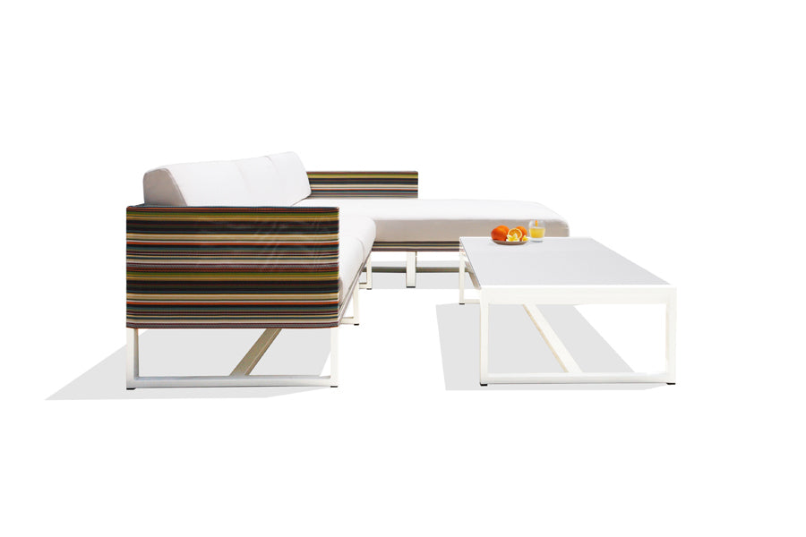 Stripe Configuration 7 by Mamagreen, showing side view of stripe configuration 7 in sand category a/green barcode textilene stripe/white sunbrella cushion.