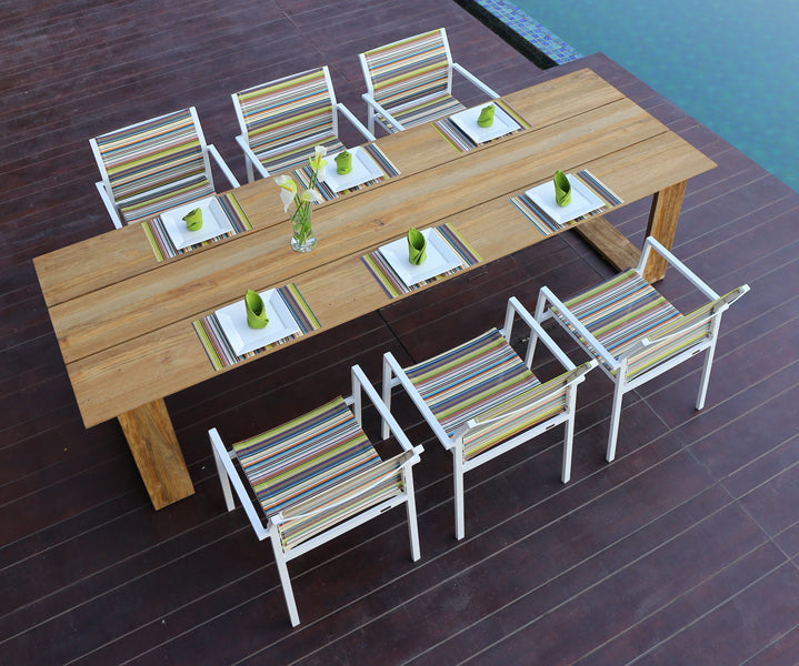 Stripe Stackable Armchair by Mamagreen, showing stripe stackable armchairs in live shot.