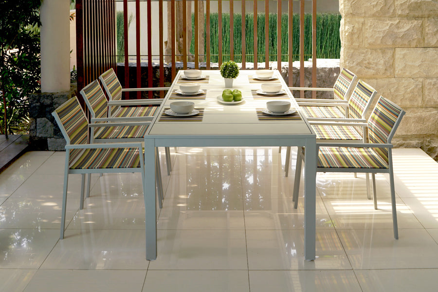 Stripe Stackable Armchair by Mamagreen, showing stripe stackable armchairs in live shot.