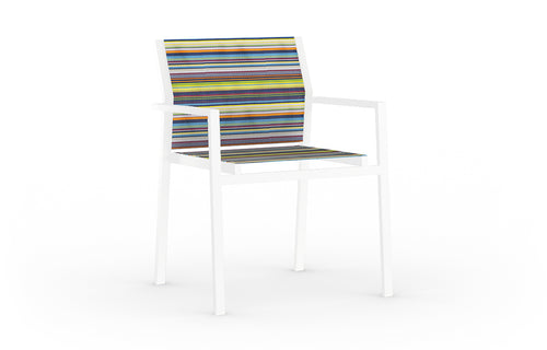 Stripe Stackable Armchair by Mamagreen - White Sand Aluminum, Green Barcode Textilene Stripe.