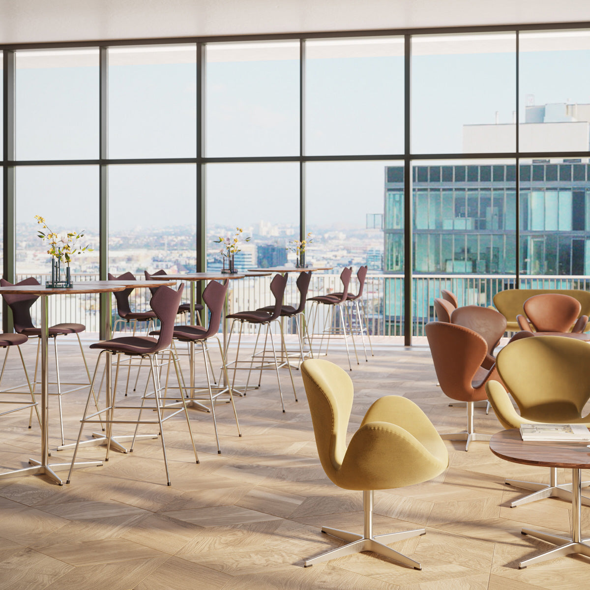 Supercircular Bar Table by Fritz Hansen, showing supercircular bar tables in live shot.
