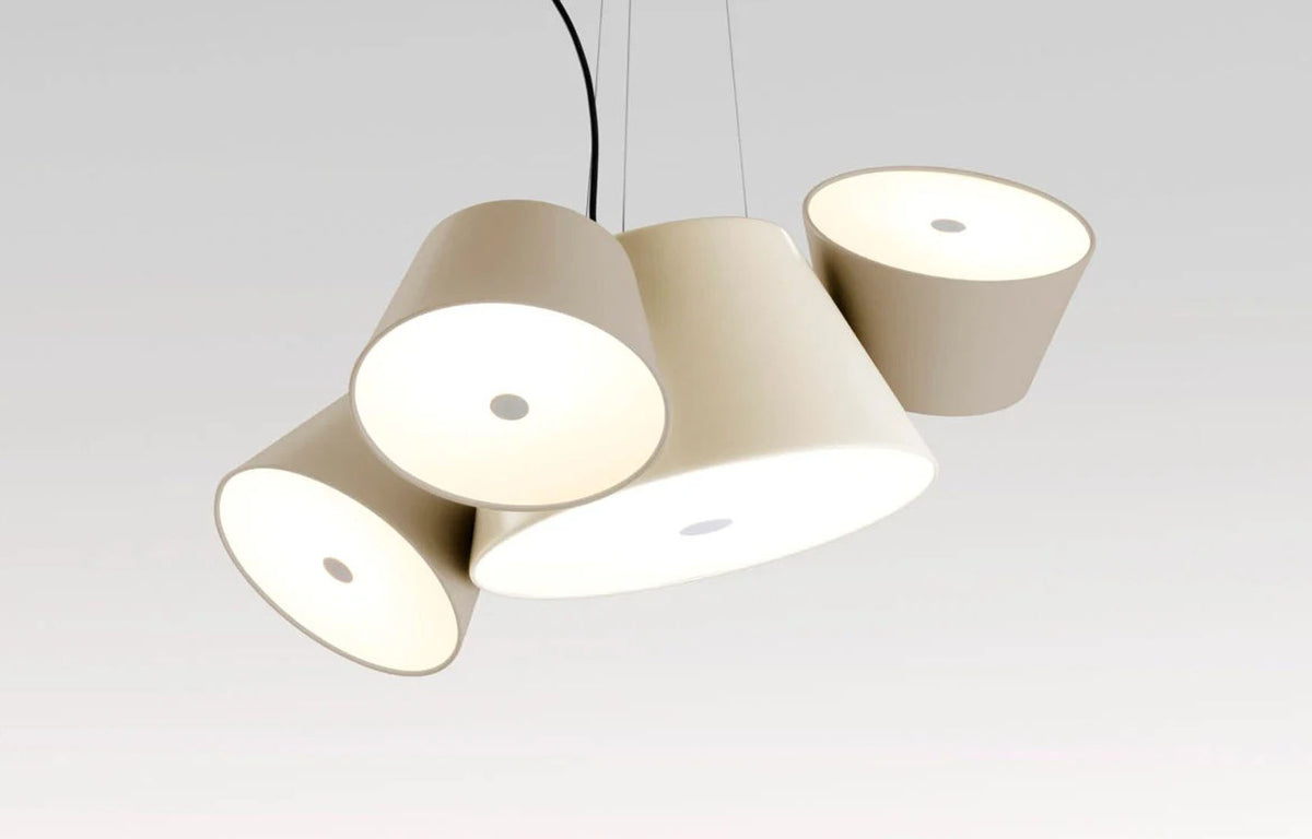 Tam Tam Mini Pendant Lamp by Marset - Off-White Central Shade Lamp, 3 Sand Satellite Shade Lamps.