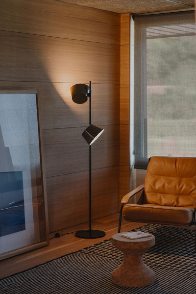 Tam Tam P Stem Floor Lamp by Marset, showing tam tam p stem floor lamp in live shot.