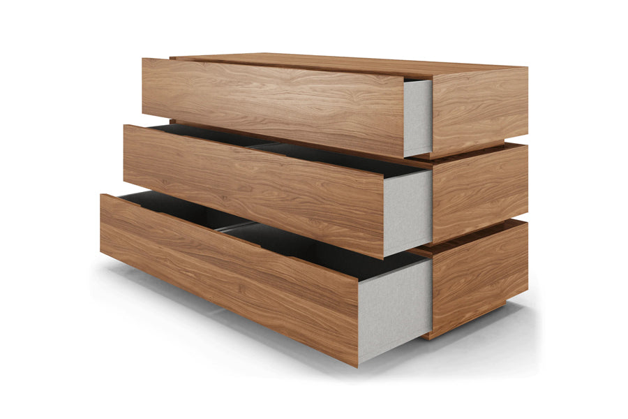 Tarian Dresser by Viesso, showing angle view of tarian dresser in walnut.