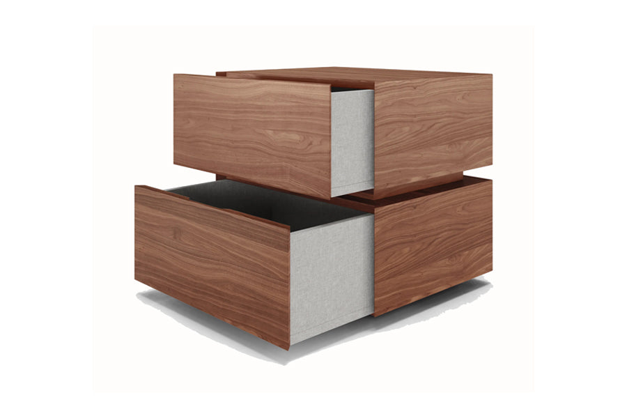 Tarian Nightstand by Viesso, showing angle view of tarian nightstand in walnut.