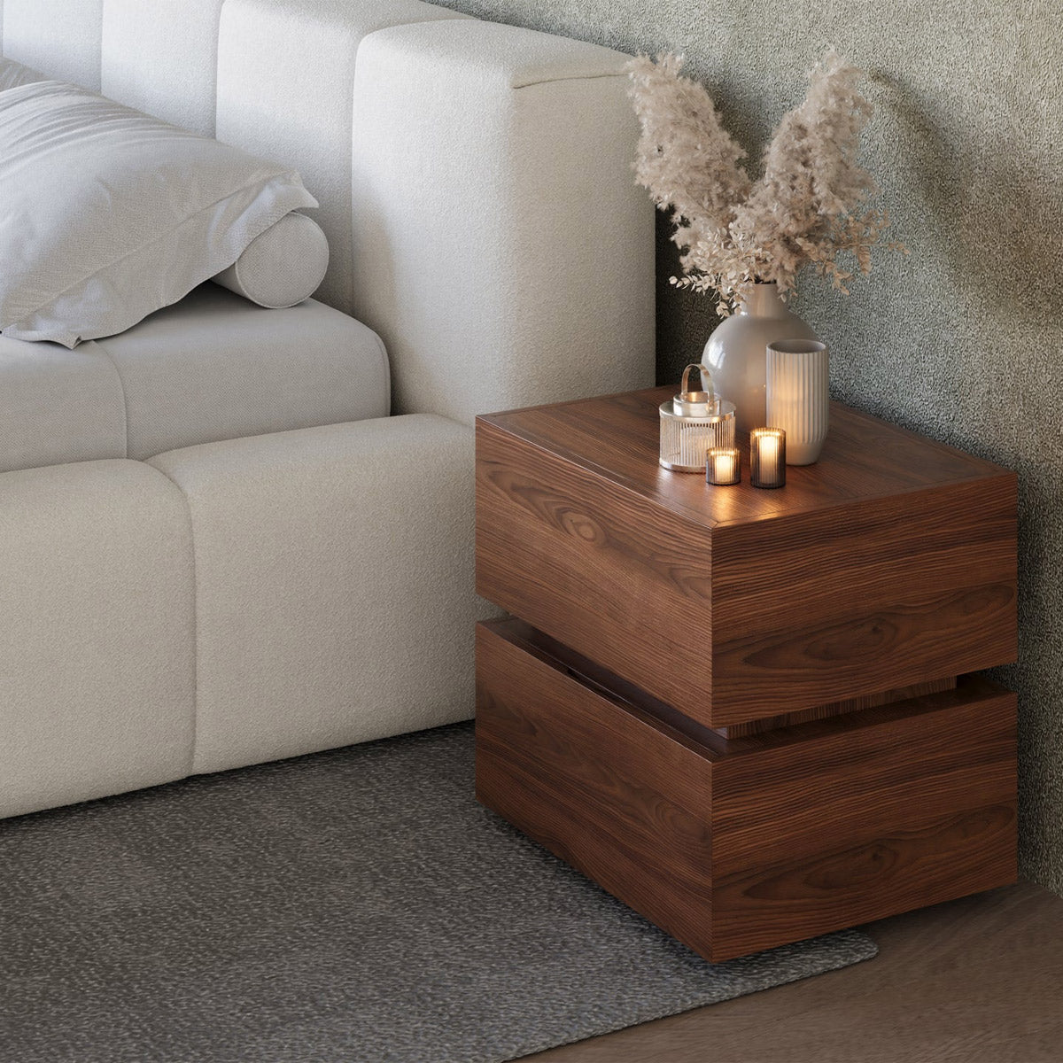Tarian Nightstand by Viesso, showing tarian nightstand in live shot.