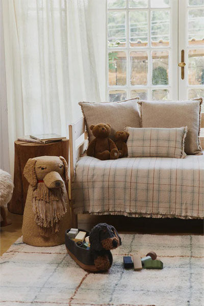 Tartan Handloom Kid Bed Throw by Lorena Canals, showing tartan handloom kid bed throw in live shot.