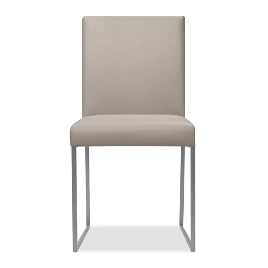Tate Dining Chair by Mobital, showing front view of tate dining chair in pewter leather/brushed steel legs.