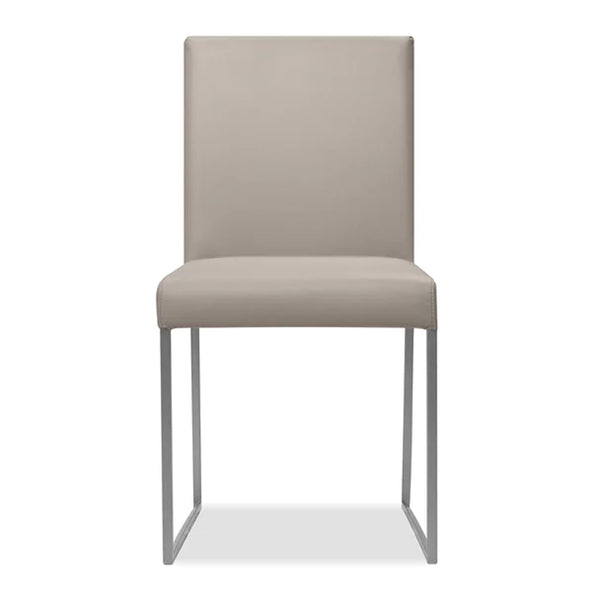 Tate Dining Chair by Mobital, showing front view of tate dining chair in pewter leather/brushed steel legs.
