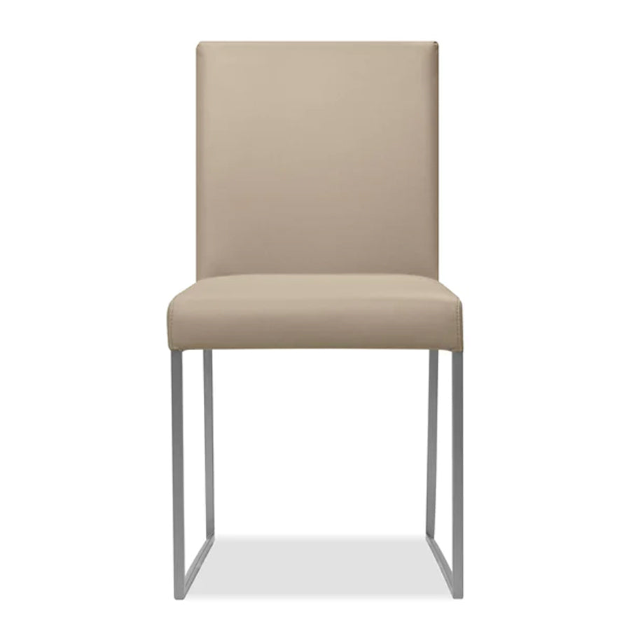 Tate Dining Chair by Mobital, showing front view of tate dining chair in wheat leather/brushed steel legs.