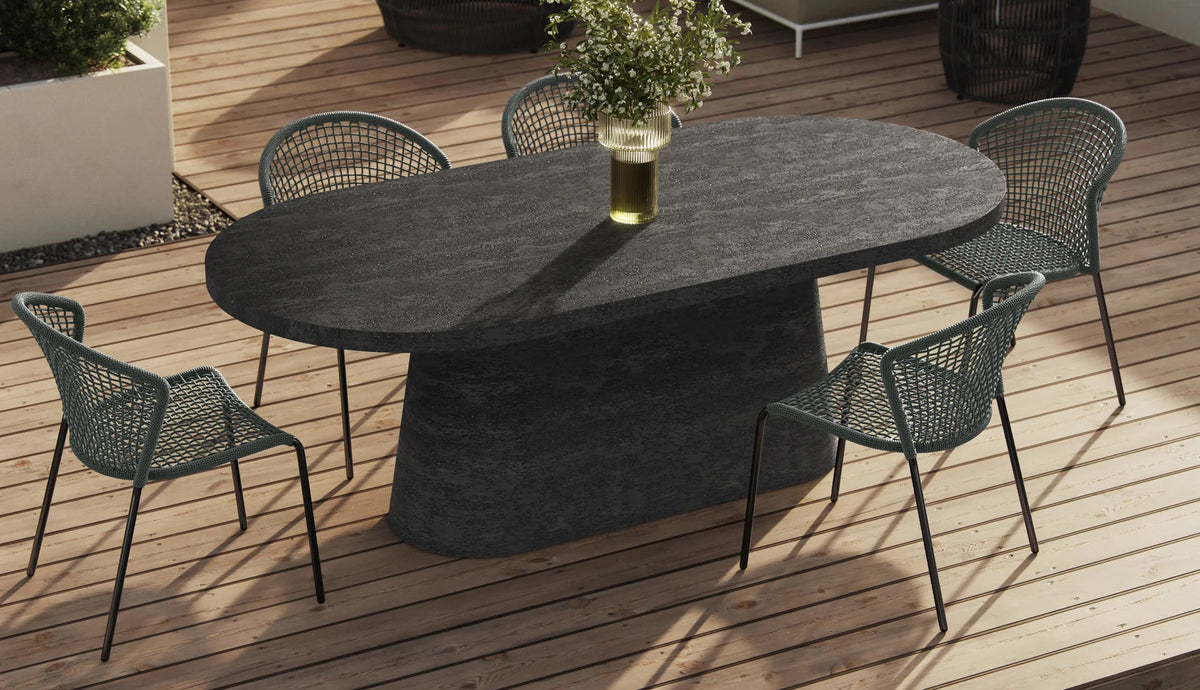 Tavik Outdoor Dining Chair by Viesso, showing tavik outdoor dining chairs in live shot.