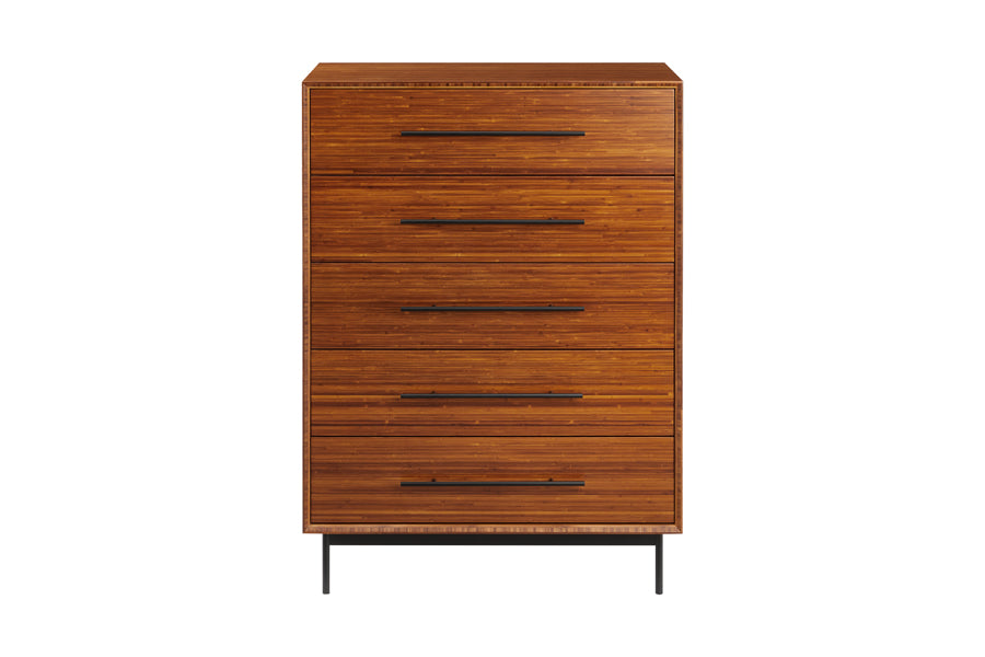 Taylor Bedroom Collection by Greenington, showing front view of taylor bedroom collection in amber bamboo wood/chest.