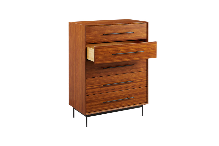 Taylor Drawer Chest by Greenington, showing angle view of taylor drawer chest in amber.