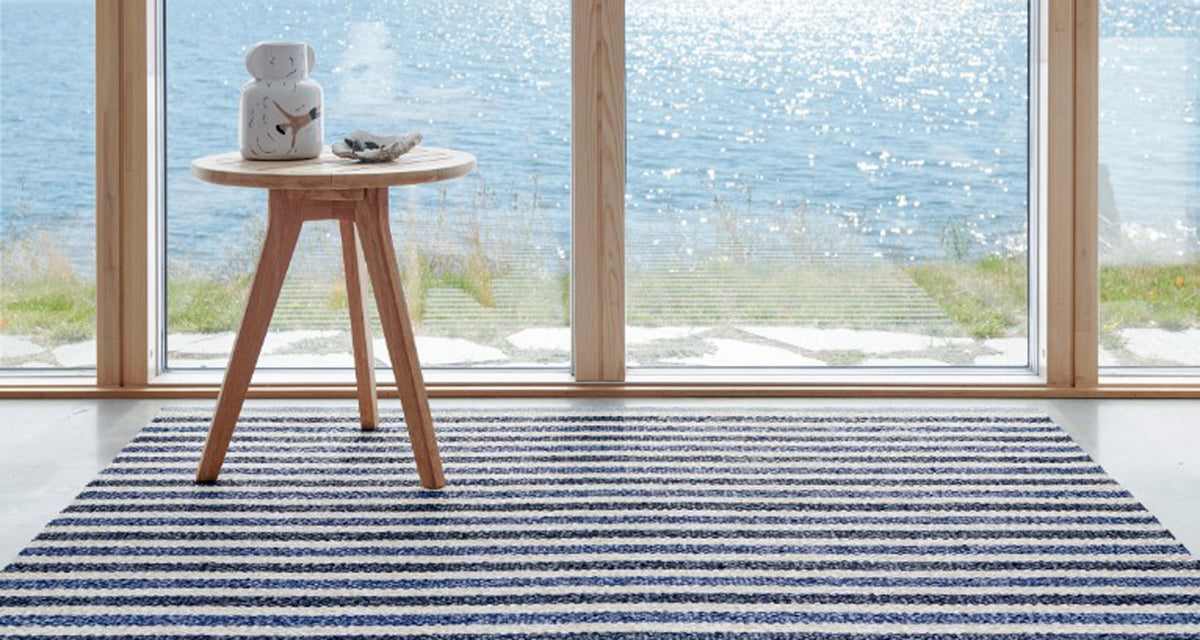 Teo Denim & Dark Blue with Vanilla Rug by Pappelina, showing teo denim & dark blue with vanilla rug in live shot.