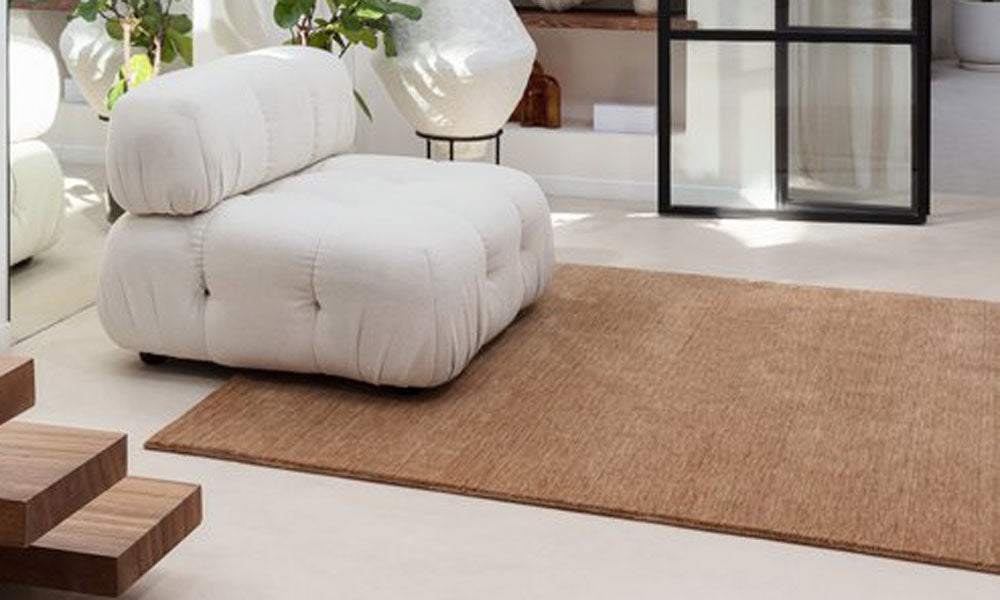 Terra Hand Woven Rug by Ligne Pure, showing terra hand woven rug in live shot.