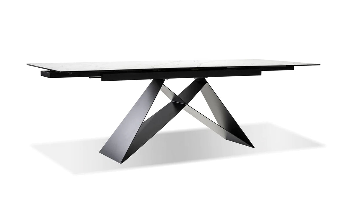 The W Extending Dining Table by Mobital - Carrara White Ceramic Tempered Glass Top/Black Powder Coated Base.