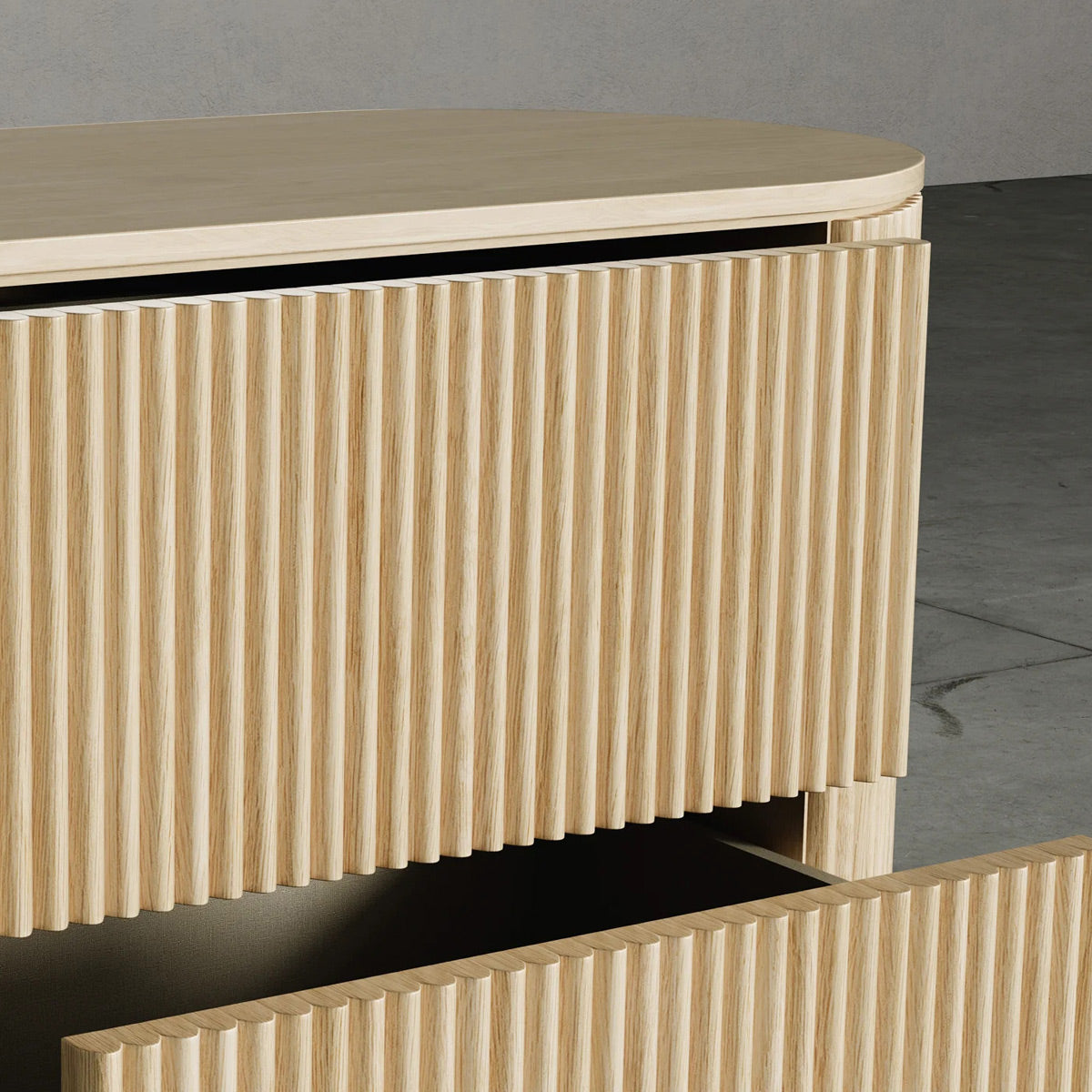 Toren Nightstand by Viesso, showing closeup view of toren nightstand in live shot.