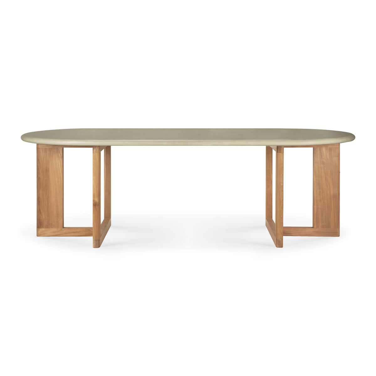 Trestle Outdoor Dining Table by Ethnicraft, showing front view of trestle outdoor dining table in oblong/light grey varnished concrete top/reclaimed teak base.