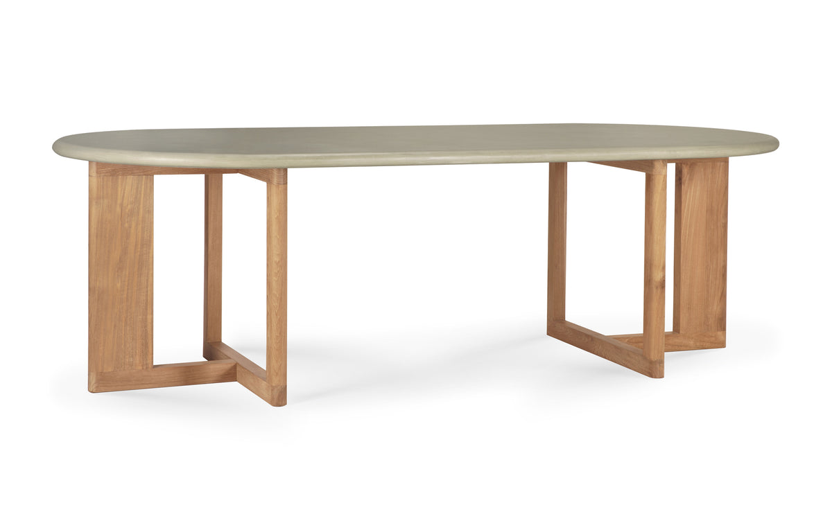 Trestle Outdoor Dining Table by Ethnicraft - Oblong/Light Grey Varnished Concrete Top/Reclaimed Teak Base.