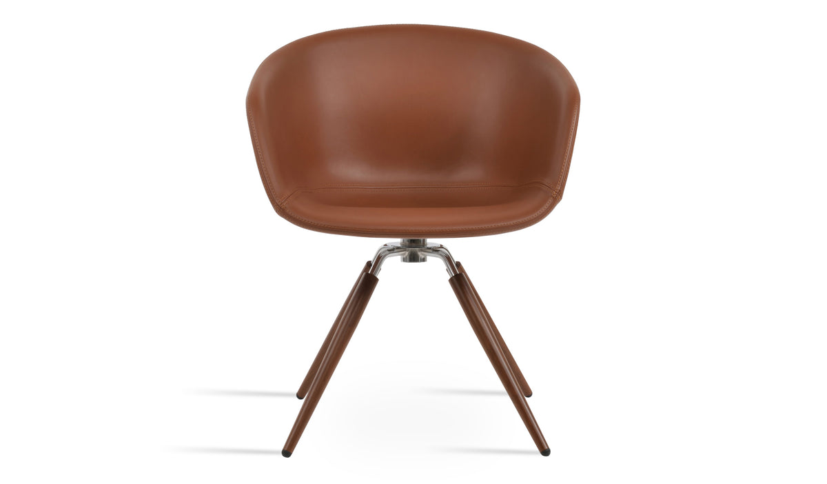 Tribeca Carrot Dining Arm Chair by SohoConcept, showing front view of tribeca carrot dining arm chair in walnut & polished stainless steel/hazelnut ppm-s.