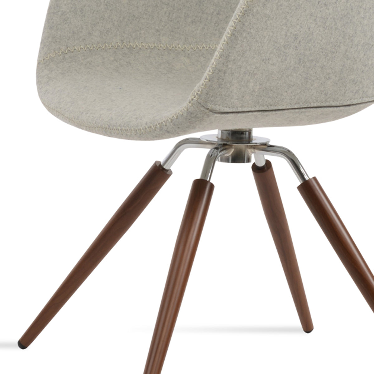 Tribeca Carrot Dining Arm Chair by SohoConcept, showing closeup view of tribeca carrot dining arm chair in walnut & polished stainless steel/camira blazer silver wool.