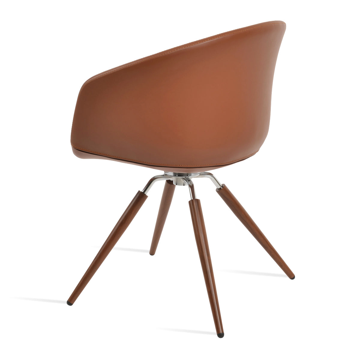 Tribeca Carrot Dining Arm Chair by SohoConcept, showing back view of tribeca carrot dining arm chair in walnut & polished stainless steel/hazelnut ppm-s.