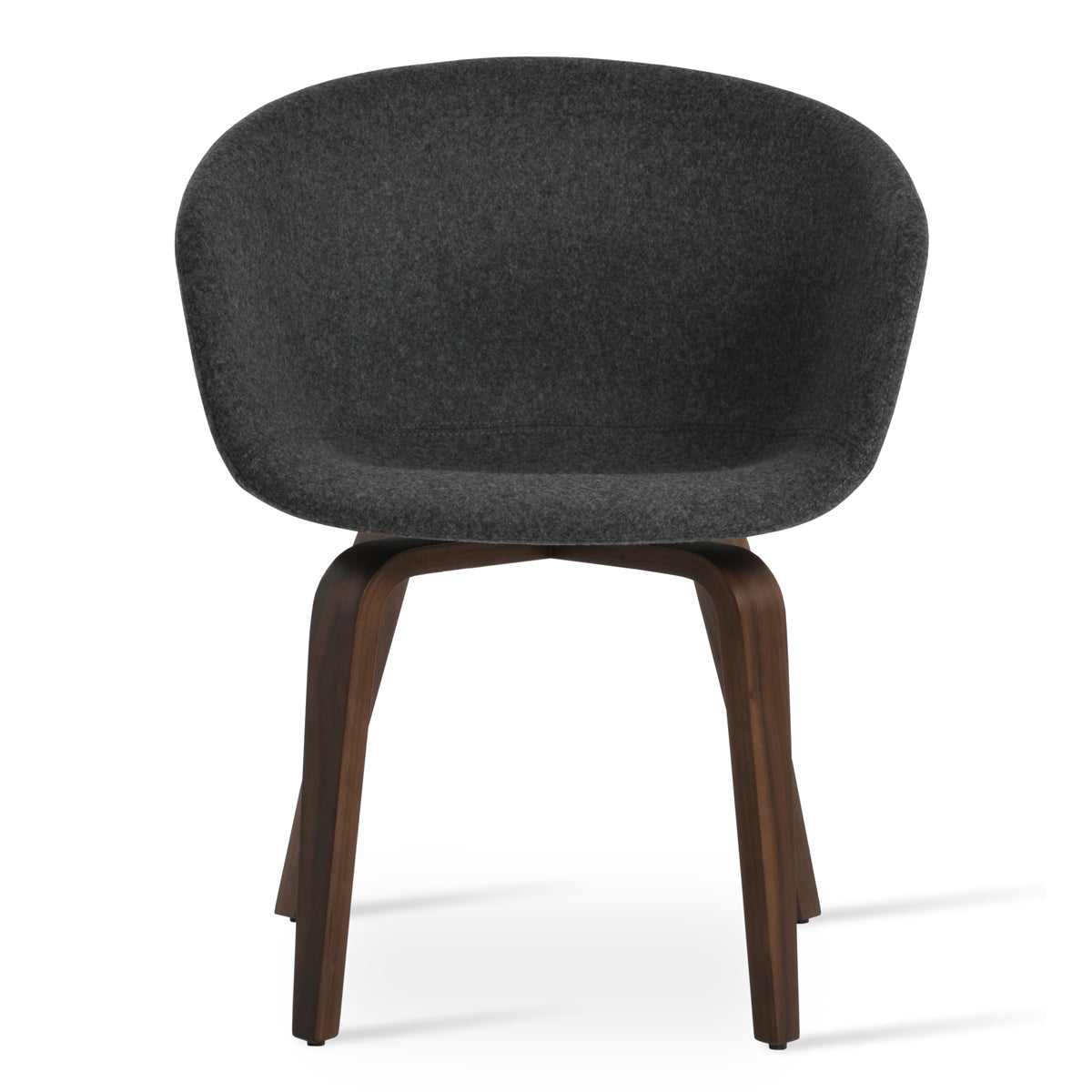 Tribeca Plywood Armchair by SohoConcept, showing front view of tribeca plywood armchair in american walnut veneer/camira blazer dark grey wool.