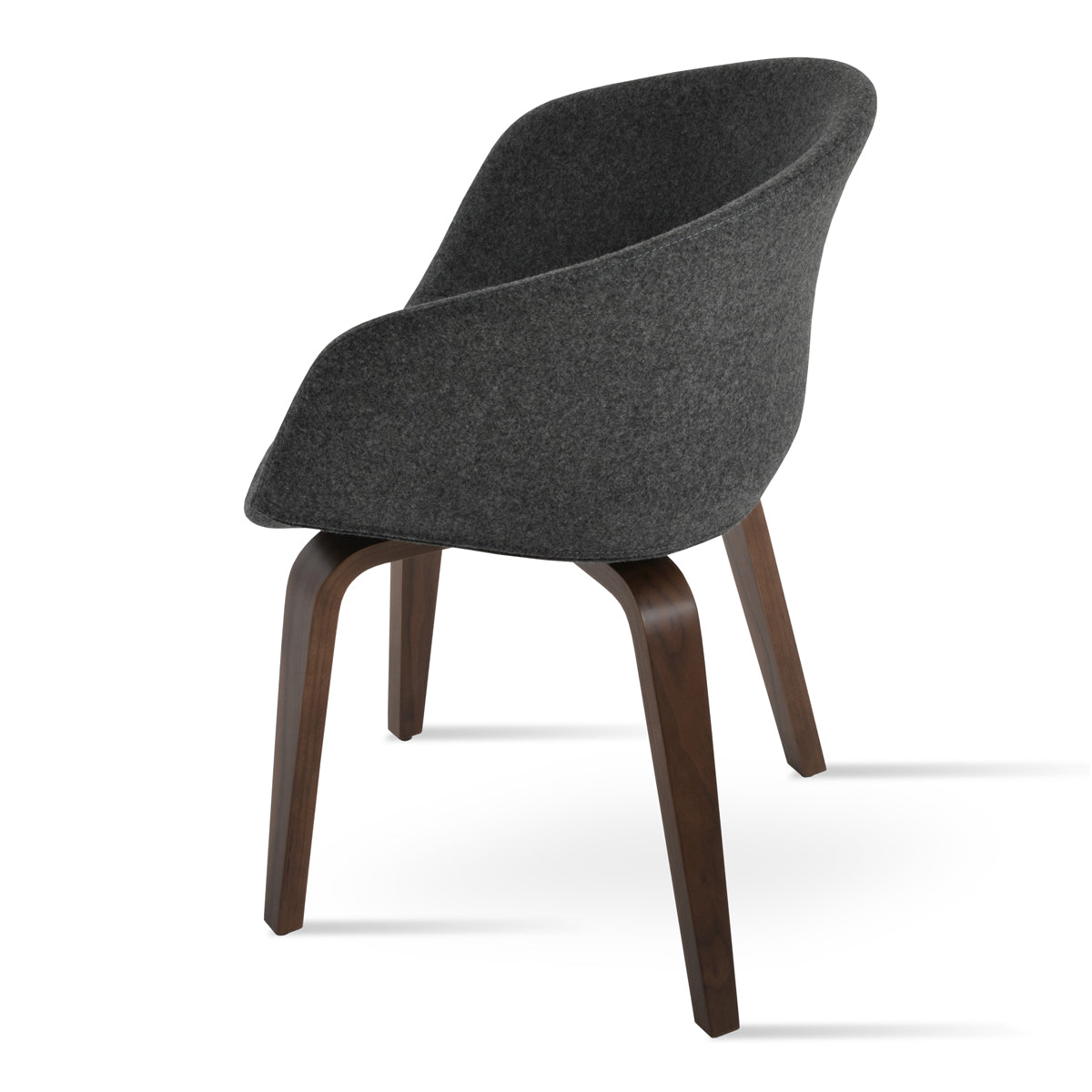 Tribeca Plywood Armchair by SohoConcept, showing side view of tribeca plywood armchair in american walnut veneer/camira blazer dark grey wool.