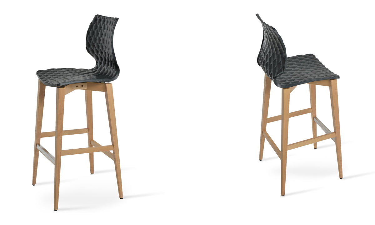 Uni-386 Wood Bar Stool by SohoConcept, showing different angle views of uni-386 wood bar stool in beech natural wood/anthracite.