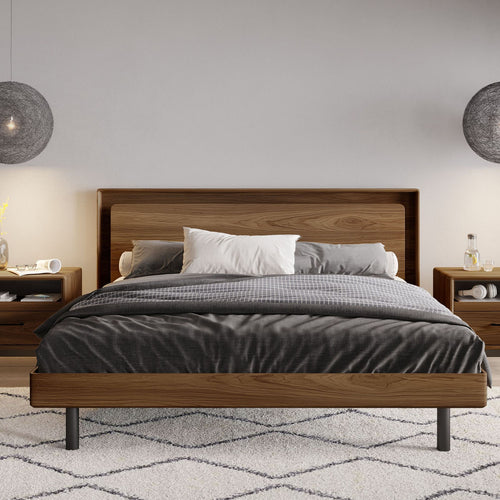 Up Linq Bed by BDI, showing up linq bed with side table in live shot.