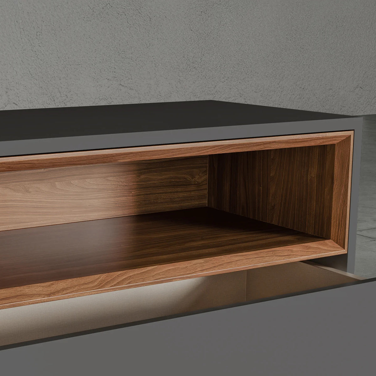 Vantor Nightstand by Viesso, showing closeup view of vantor nightstand in live shot.
